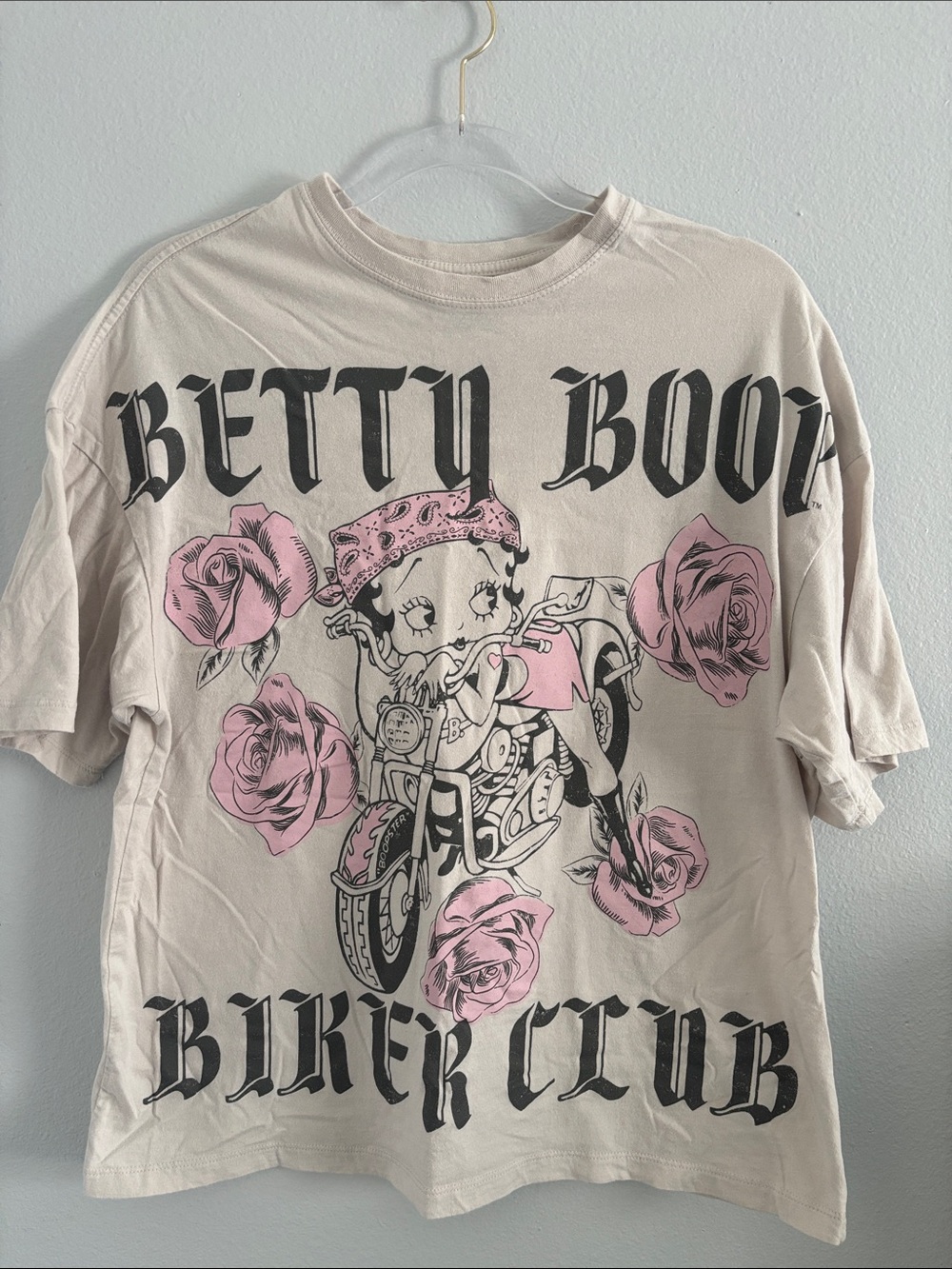 Betty Boop Cream Tee with Pink Rose Motorcycle Graphic
